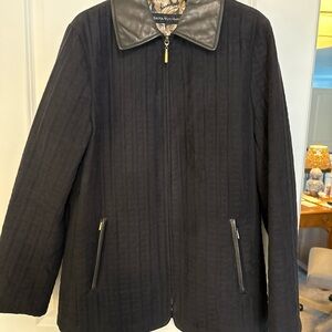 Dana Buchman Black Textured Genuine Leather Trim Collar Zip Up Mid Length Coat L